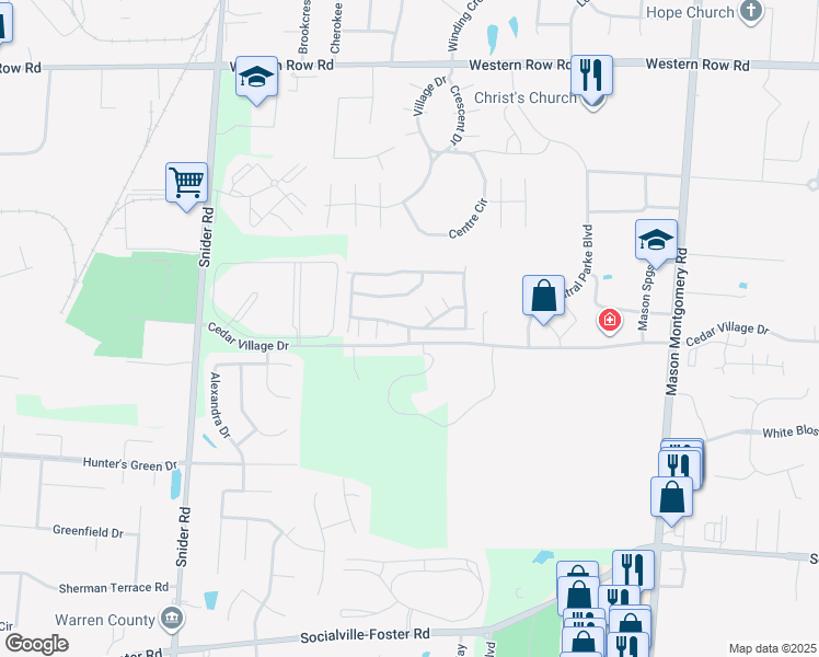 map of restaurants, bars, coffee shops, grocery stores, and more near 7402 Twin Fountains Drive in Mason