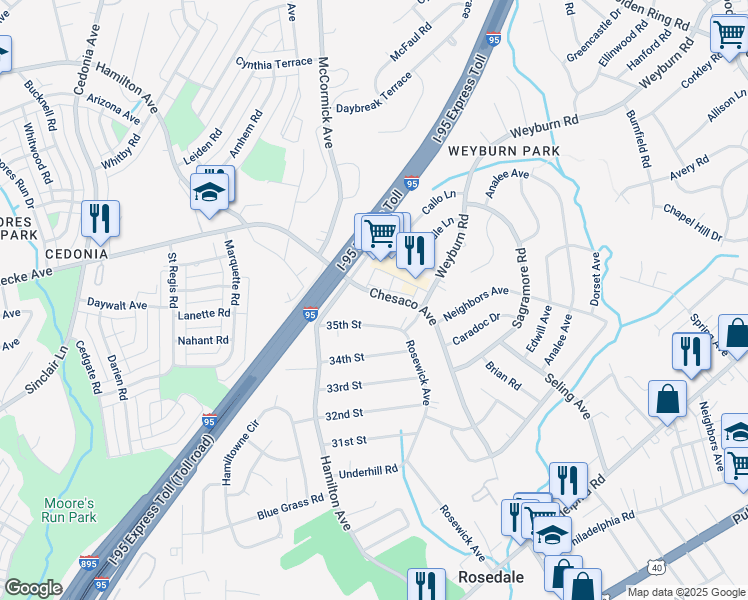 map of restaurants, bars, coffee shops, grocery stores, and more near 1744 Chesaco Avenue in Rosedale
