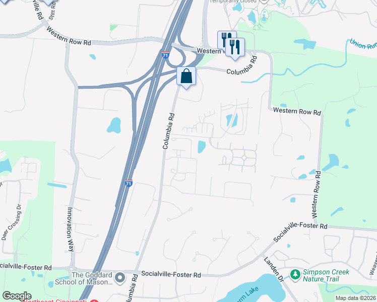 map of restaurants, bars, coffee shops, grocery stores, and more near 7447 Victoria Falls Avenue in Maineville