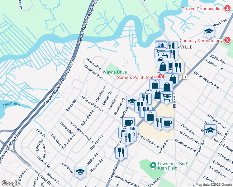 map of restaurants, bars, coffee shops, grocery stores, and more near 4 Franklin Drive in Somers Point