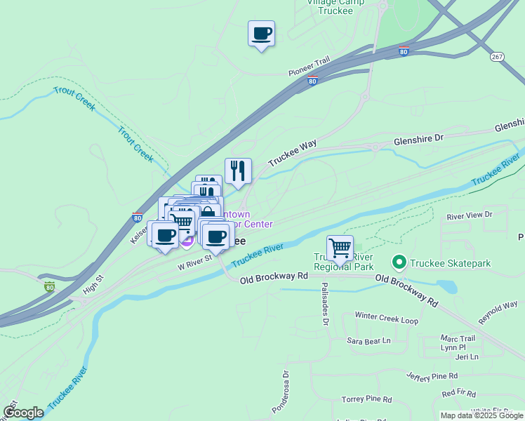 map of restaurants, bars, coffee shops, grocery stores, and more near 10160 Church Street in Truckee