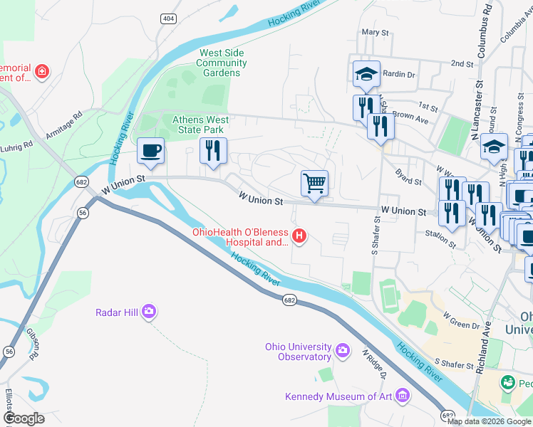 map of restaurants, bars, coffee shops, grocery stores, and more near 302 West Union Street in Athens