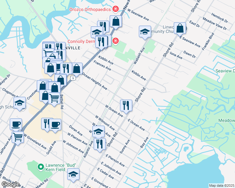 map of restaurants, bars, coffee shops, grocery stores, and more near 2306 Wabash Avenue in Linwood