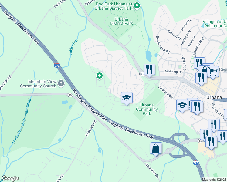 map of restaurants, bars, coffee shops, grocery stores, and more near 8638 Shady Pines Drive in Urbana