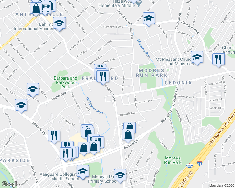map of restaurants, bars, coffee shops, grocery stores, and more near 5402 Radecke Avenue in Baltimore