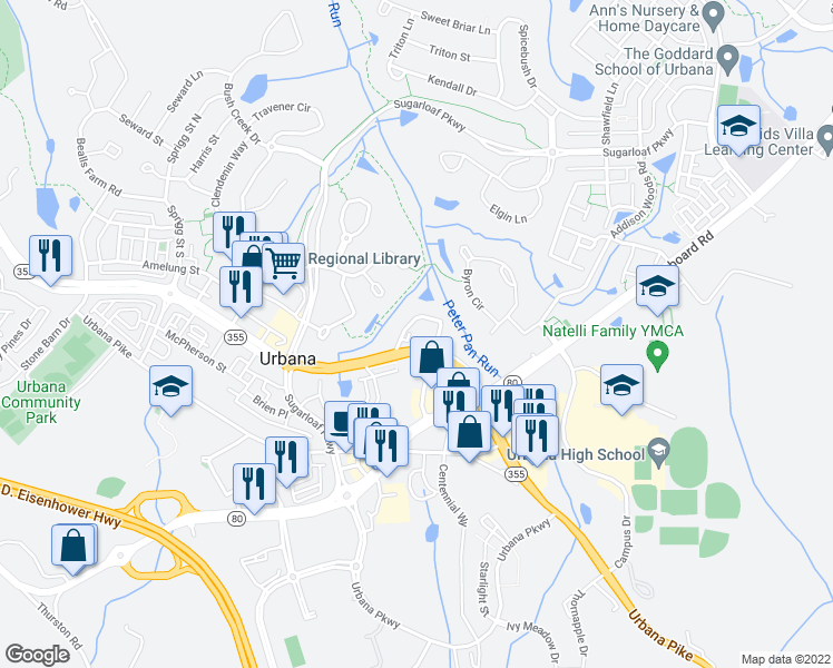 map of restaurants, bars, coffee shops, grocery stores, and more near 3521 Tabard Lane in Frederick