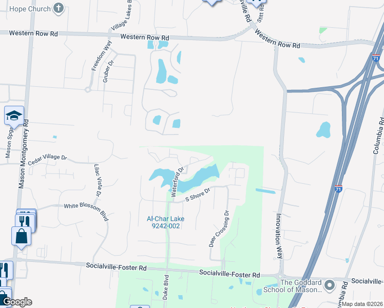 map of restaurants, bars, coffee shops, grocery stores, and more near 4260 Crystal Court in Mason