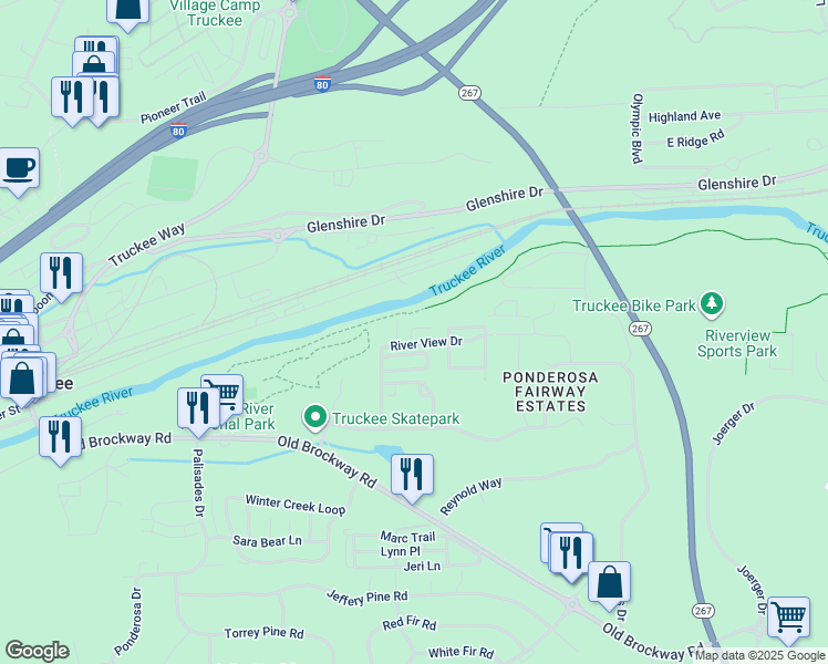 map of restaurants, bars, coffee shops, grocery stores, and more near 10958 River Loop in Truckee