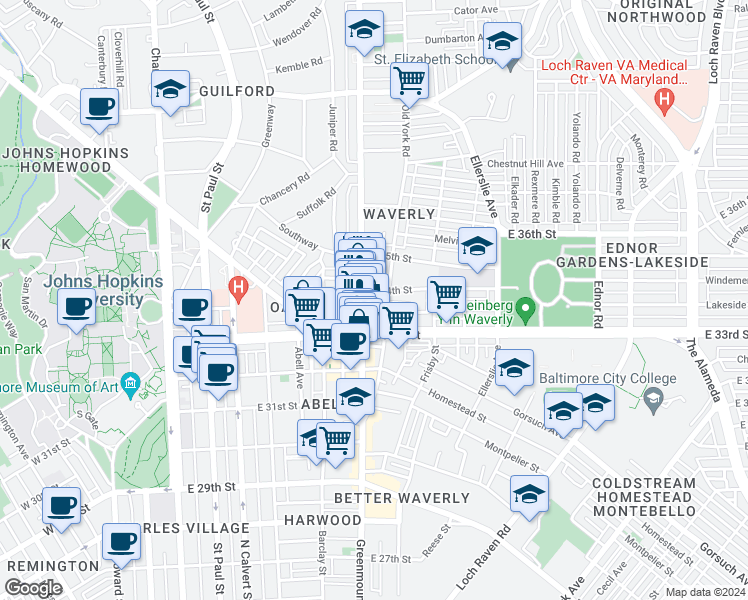 map of restaurants, bars, coffee shops, grocery stores, and more near 3407 Maryland 45 in Baltimore