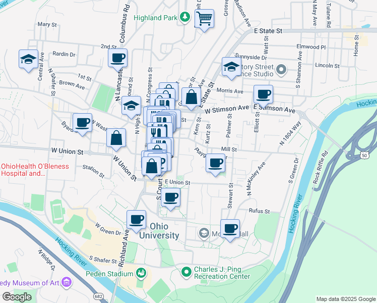 map of restaurants, bars, coffee shops, grocery stores, and more near 28N North College Street in Athens