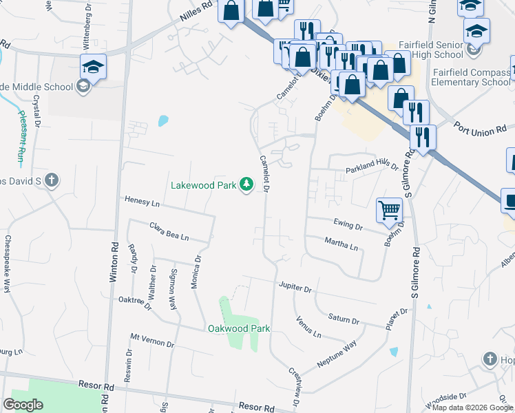 map of restaurants, bars, coffee shops, grocery stores, and more near 5380 Camelot Drive in Fairfield