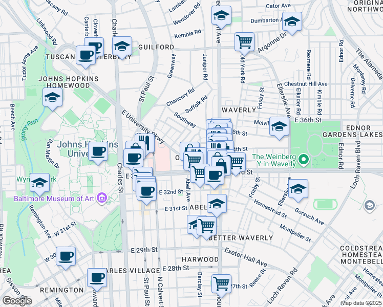 map of restaurants, bars, coffee shops, grocery stores, and more near 307 Birkwood Place in Baltimore