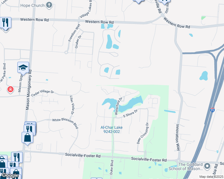 map of restaurants, bars, coffee shops, grocery stores, and more near 4401 North Point Drive in Mason