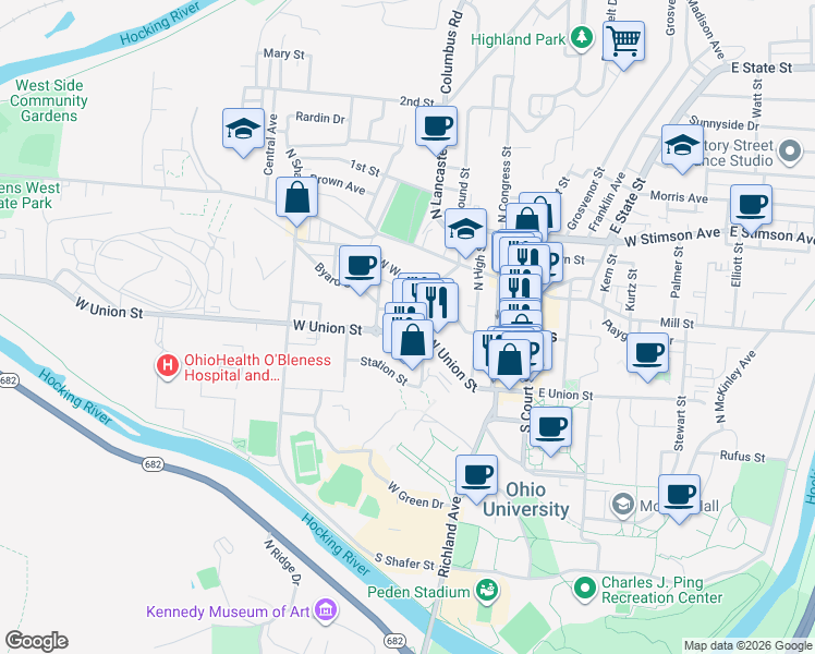 map of restaurants, bars, coffee shops, grocery stores, and more near 126 West Union Street in Athens