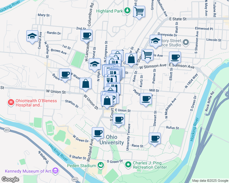 map of restaurants, bars, coffee shops, grocery stores, and more near 30 North Court Street in Athens