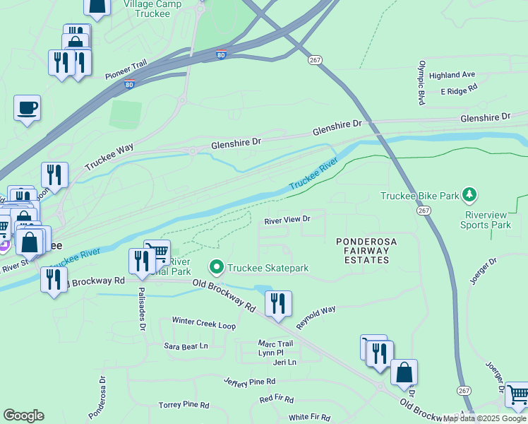map of restaurants, bars, coffee shops, grocery stores, and more near 10958 River Loop in Truckee