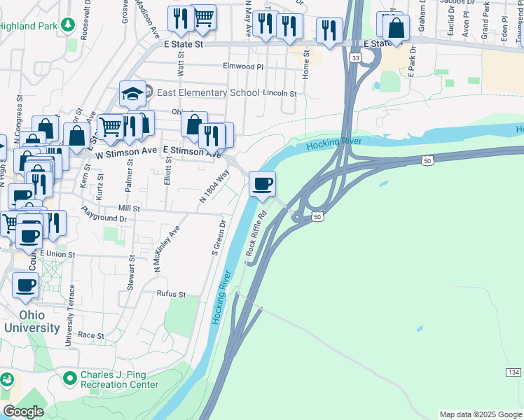map of restaurants, bars, coffee shops, grocery stores, and more near 9133W Rock Riffle Road in Athens
