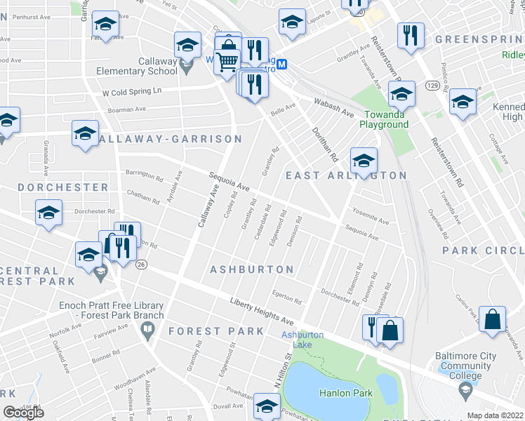 map of restaurants, bars, coffee shops, grocery stores, and more near 3702 Cedardale Road in Baltimore