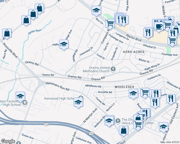 map of restaurants, bars, coffee shops, grocery stores, and more near 94 Ginwood Lane in Essex