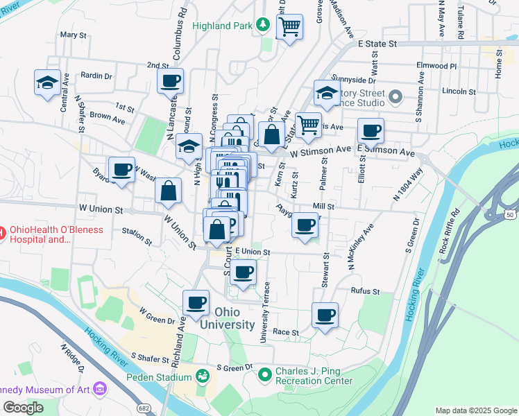 map of restaurants, bars, coffee shops, grocery stores, and more near 28N North College Street in Athens