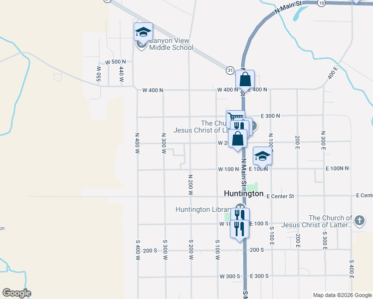 map of restaurants, bars, coffee shops, grocery stores, and more near 225 West 200 North in Huntington