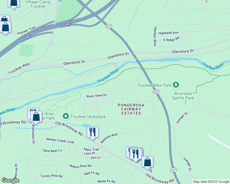 map of restaurants, bars, coffee shops, grocery stores, and more near 10986 River Loop in Truckee