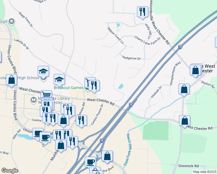 map of restaurants, bars, coffee shops, grocery stores, and more near 8903 Eagleview Drive in Beckett Ridge