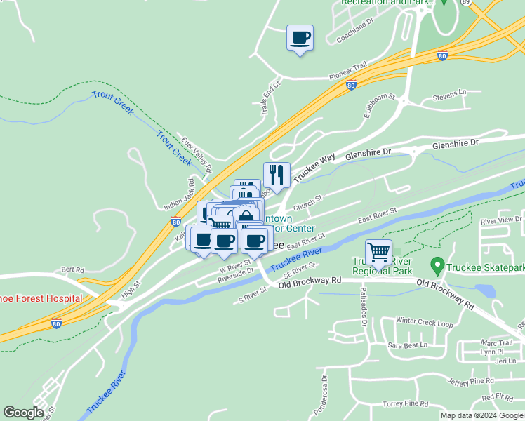 map of restaurants, bars, coffee shops, grocery stores, and more near 10050 E Street in Truckee