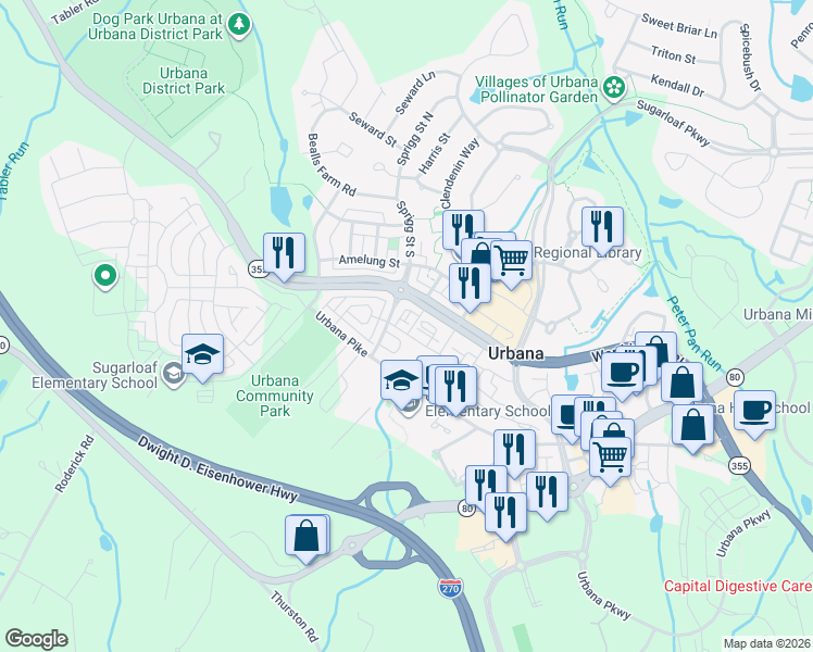 map of restaurants, bars, coffee shops, grocery stores, and more near 9075 McPherson Street in Frederick