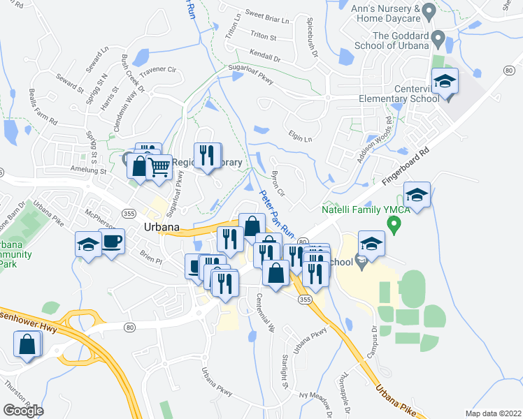 map of restaurants, bars, coffee shops, grocery stores, and more near 3564 Tabard Lane in Frederick