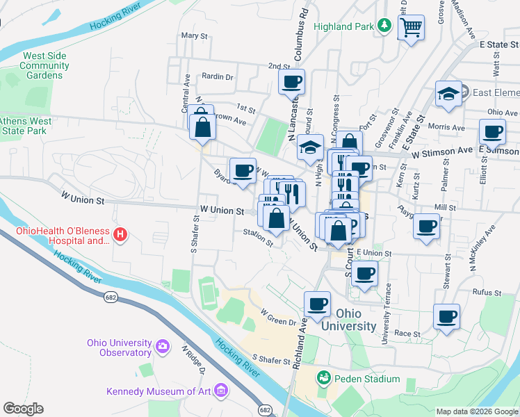 map of restaurants, bars, coffee shops, grocery stores, and more near 46 Smith Street in Athens