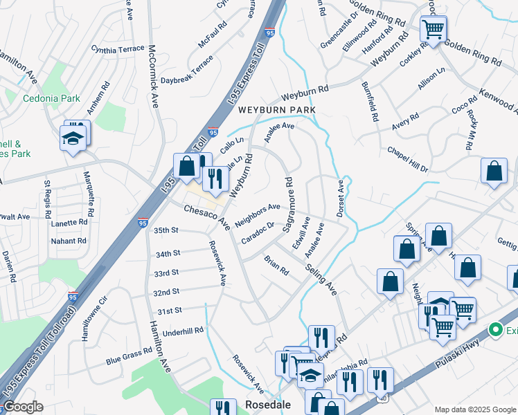 map of restaurants, bars, coffee shops, grocery stores, and more near 8020 Neighbors Avenue in Rosedale