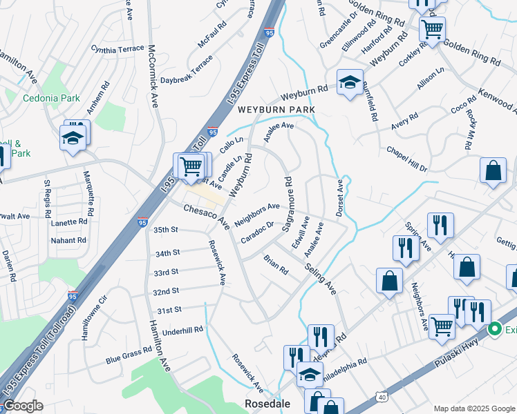 map of restaurants, bars, coffee shops, grocery stores, and more near 8020 Neighbors Avenue in Rosedale