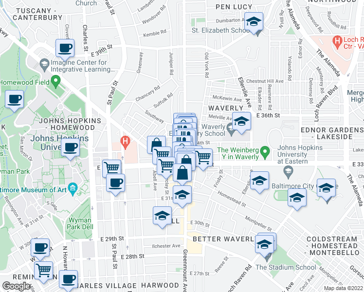 map of restaurants, bars, coffee shops, grocery stores, and more near 3336 Greenmount Avenue in Baltimore