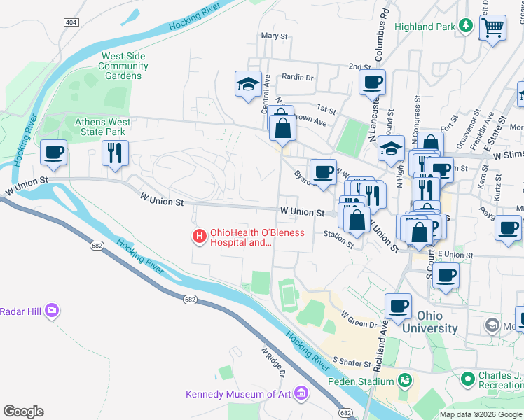 map of restaurants, bars, coffee shops, grocery stores, and more near 244 West Union Street in Athens
