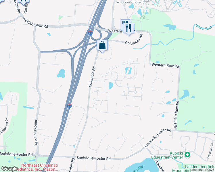 map of restaurants, bars, coffee shops, grocery stores, and more near 7447 Victoria Falls Avenue in Maineville