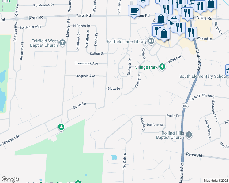 map of restaurants, bars, coffee shops, grocery stores, and more near 5504 Tallawanda Drive in Fairfield