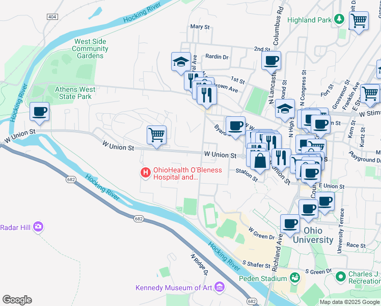 map of restaurants, bars, coffee shops, grocery stores, and more near 244 West Union Street in Athens