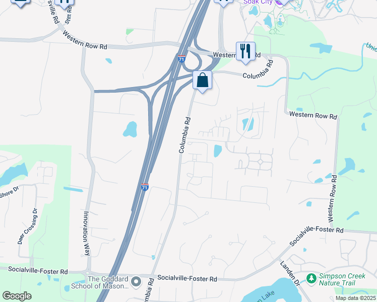 map of restaurants, bars, coffee shops, grocery stores, and more near 3402 Yosemite Falls Road in Maineville