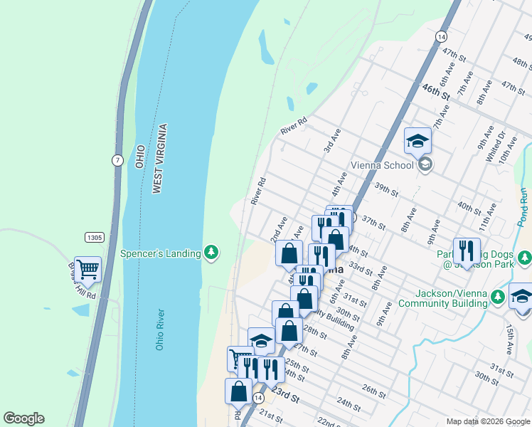 map of restaurants, bars, coffee shops, grocery stores, and more near 103 34th Street in Vienna