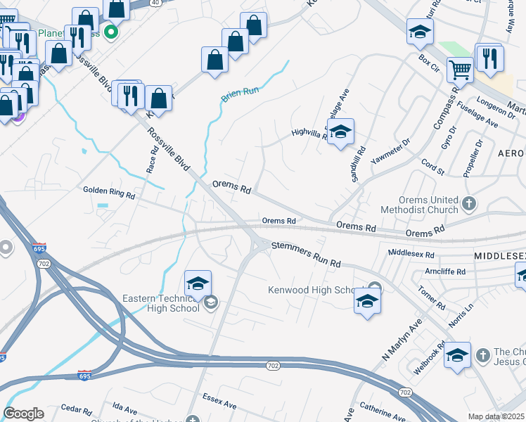 map of restaurants, bars, coffee shops, grocery stores, and more near 614 Orems Road in Essex