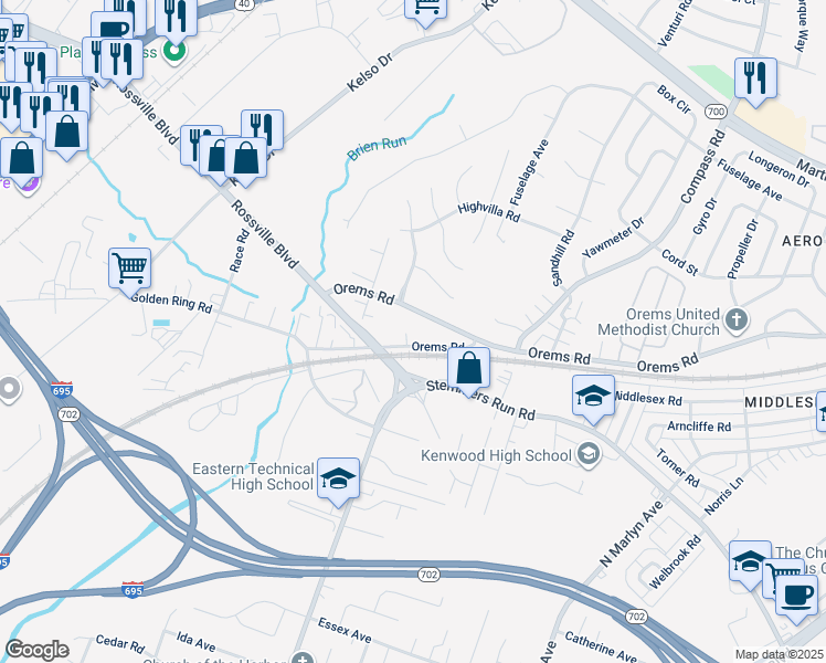 map of restaurants, bars, coffee shops, grocery stores, and more near 614 Orems Road in Essex