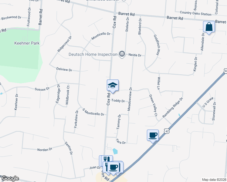 map of restaurants, bars, coffee shops, grocery stores, and more near 7844 Wise Court in Butler County
