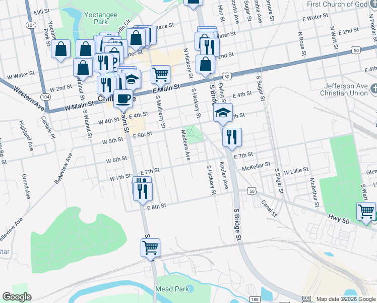 map of restaurants, bars, coffee shops, grocery stores, and more near 162 Madeira Avenue in Chillicothe