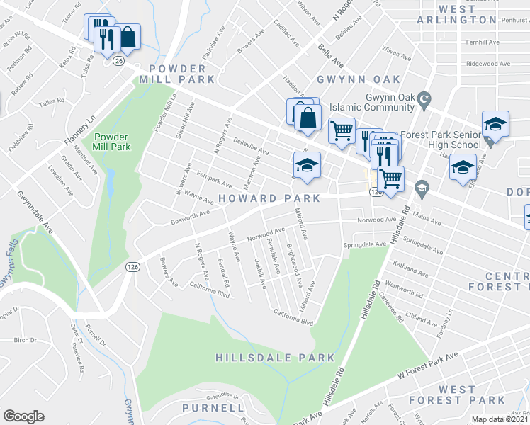 map of restaurants, bars, coffee shops, grocery stores, and more near 5117 Gwynn Oak Avenue in Baltimore