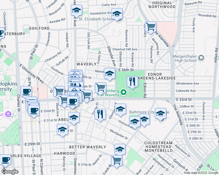 map of restaurants, bars, coffee shops, grocery stores, and more near 815 East 34th Street in Baltimore