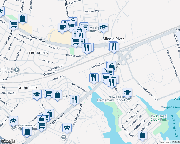 map of restaurants, bars, coffee shops, grocery stores, and more near 74 South Hawthorne Road in Middle River