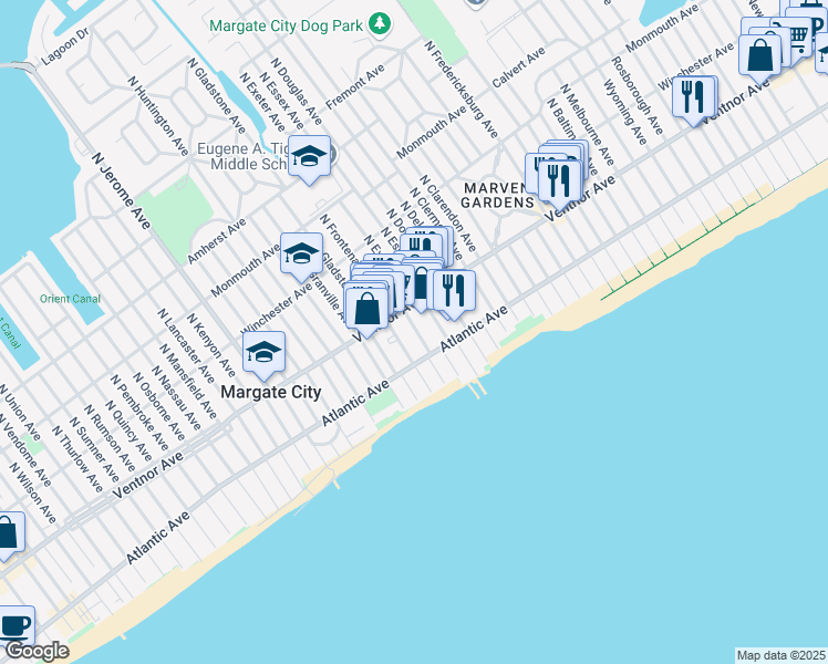 map of restaurants, bars, coffee shops, grocery stores, and more near 8-12 South Essex Avenue in Margate City