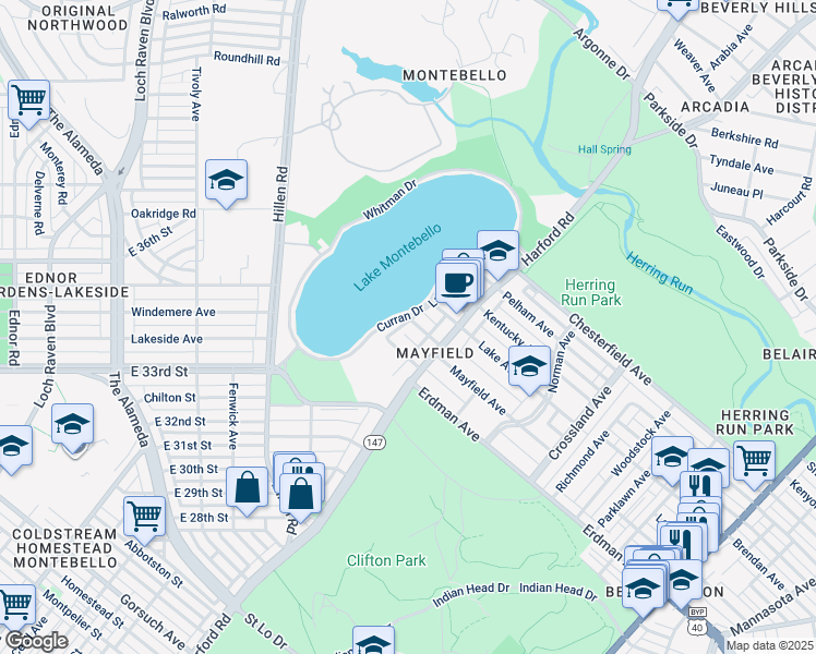map of restaurants, bars, coffee shops, grocery stores, and more near 2101 Dobler Avenue in Baltimore