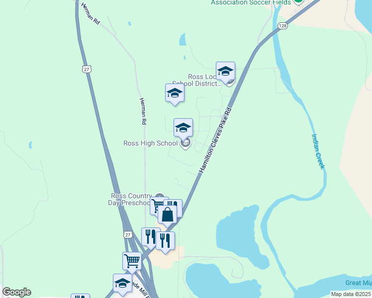 map of restaurants, bars, coffee shops, grocery stores, and more near 3601 Hamilton Cleves Road in Hamilton